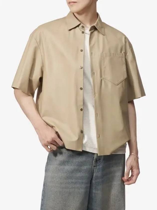 Triangle Logo Leather Regular Fit Short Sleeve Shirt Khaki - PRADA - BALAAN 2