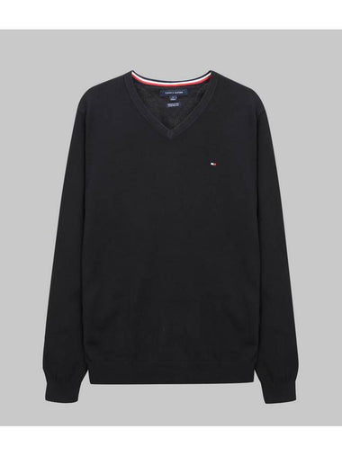 Signature Solid V-Neck Sweatshirt Black - TOMMY HILFIGER - BALAAN 1