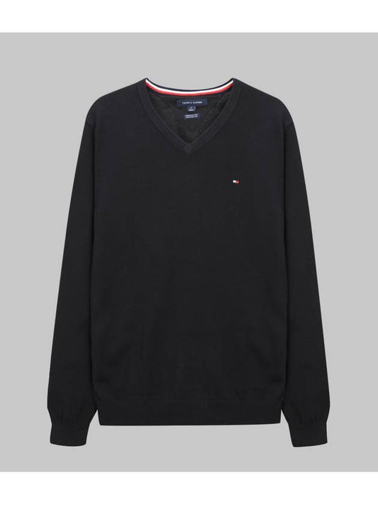 Signature Solid V-Neck Sweatshirt Black - TOMMY HILFIGER - BALAAN 1