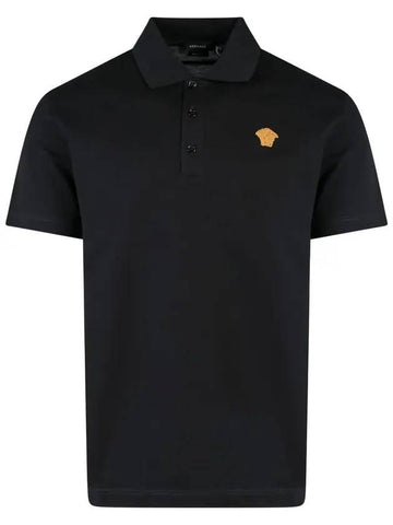 Embroidered Logo Polo Shirt Black - VERSACE - BALAAN.