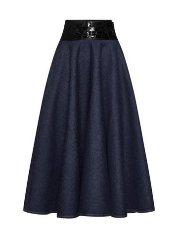 Leather Belt Denim A-Line Skirt Blue - ALAIA - BALAAN 1