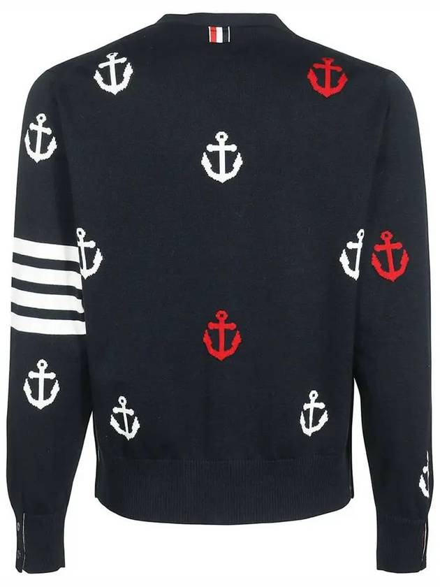 Anchor Intarsia 4-Bar V-Neck Cardigan Navy - THOM BROWNE - BALAAN 4