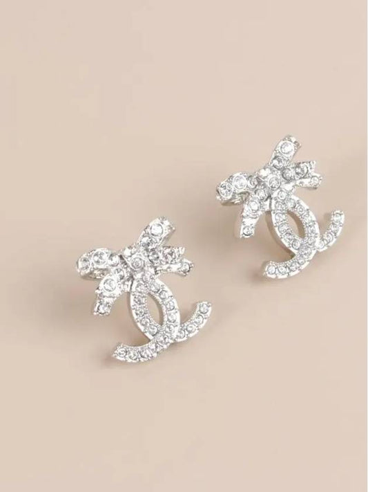 CC Logo Ribbon Metal Diamantes Crystal Earrings Silver - CHANEL - BALAAN 2