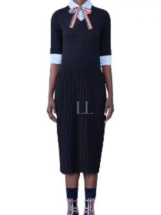 Ribbon Tie Layered Knit Midi Dress Navy - THOM BROWNE - BALAAN 2