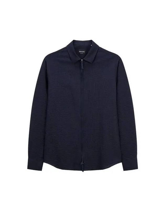 Men s Cotton Seesucker Zip Up Shirt Navy - GIORGIO ARMANI - BALAAN 1