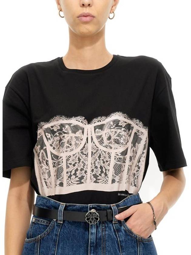 Lace Corset Print Short Sleeves T-Shirt Black - ALEXANDER MCQUEEN - BALAAN 7