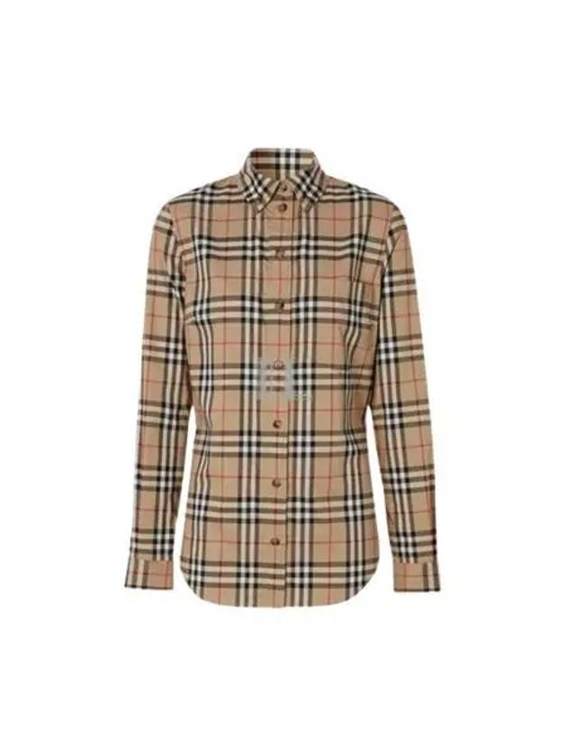 Button Down Collar Vintage Check Stretch Cotton Long Sleeve Shirt Beige - BURBERRY - BALAAN 2