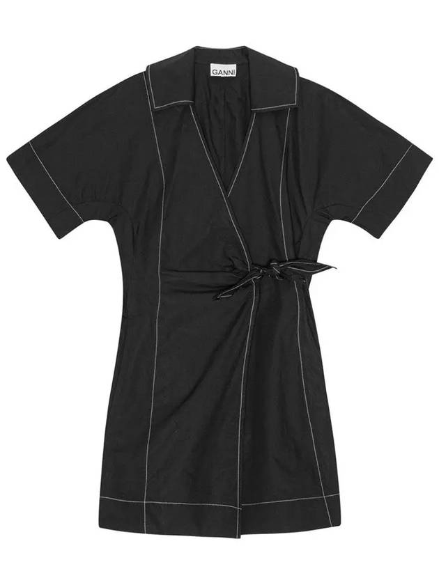 Poplin Wrap Contrast Stitching Cotton Short Dress Black - GANNI - BALAAN 2