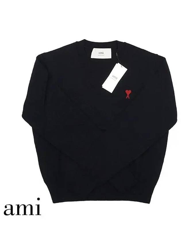 Heart Logo Crew Neck Merino Wool Knit Top Black - AMI - BALAAN 3