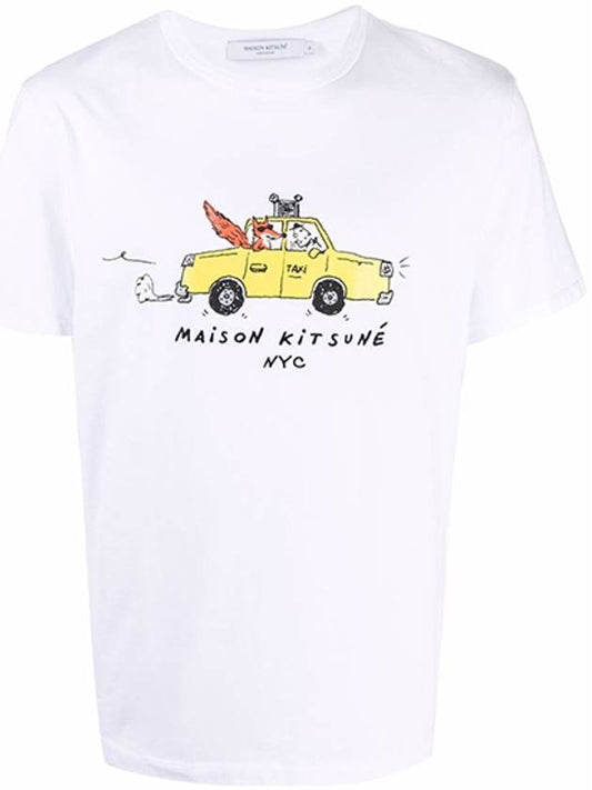 Oly Taxi Fox Print Round Cotton Short Sleeve T-Shirt White - MAISON KITSUNE - BALAAN 2