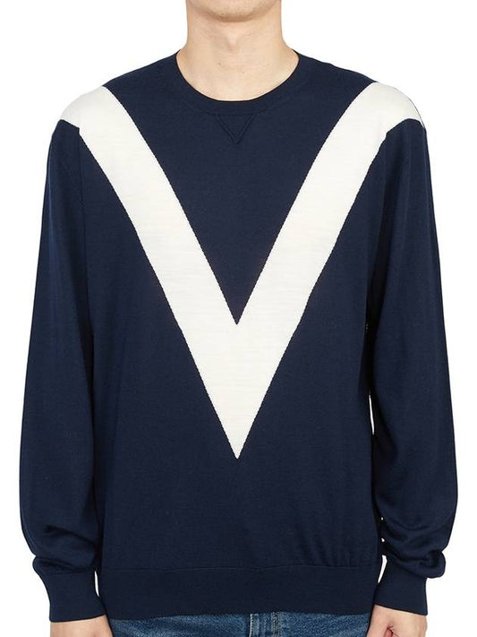 V Crewneck Wool Knit Top Navy - VALENTINO - BALAAN 2