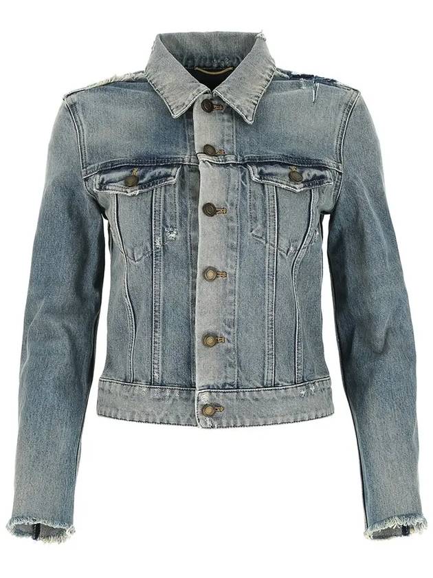 Women's Destroyed Rodeo Stonewash Cutting Short Denim Jacket Blue - SAINT LAURENT - BALAAN 3