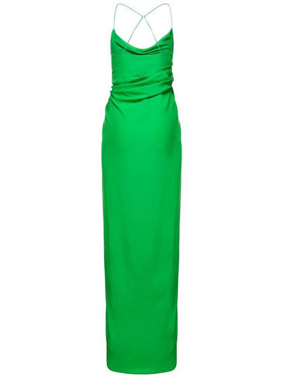 'Shiroi' Long Green Dress With Draped Neckline And Split In Silk Woman - GAUGE81 - BALAAN 2