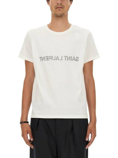 Reverse Logo Print Cotton Short Sleeve T-Shirt White - SAINT LAURENT - BALAAN 2