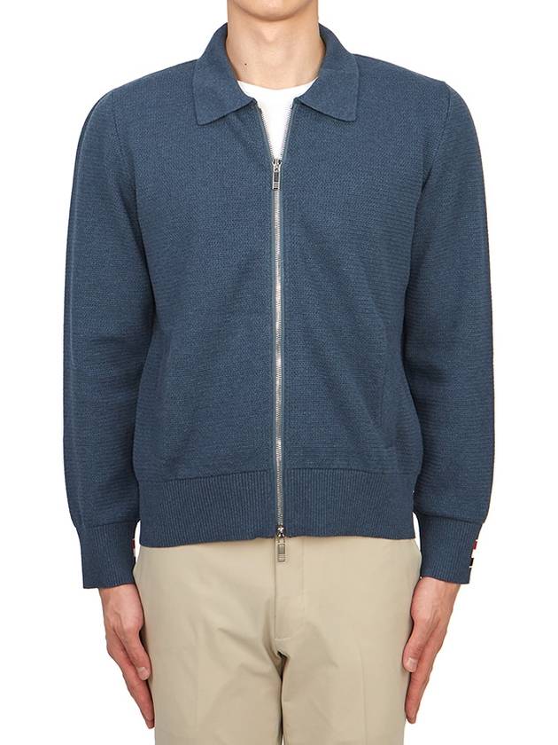 Textured Striped Cotton Bomber Jacket Blue - THOM BROWNE - BALAAN 4