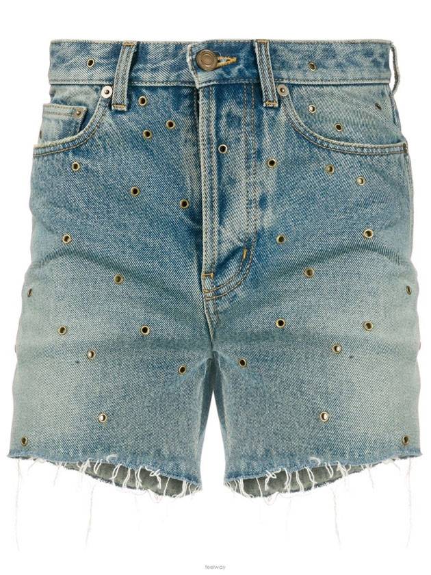 Eyelet Stud Cotton Denim Shorts Blue - SAINT LAURENT - BALAAN 1