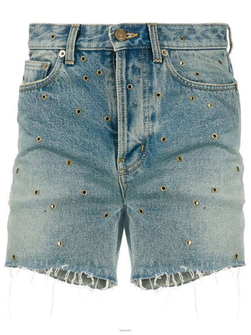 Eyelet Stud Denim Shorts Blue - SAINT LAURENT - BALAAN.