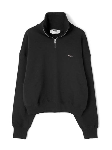 Embroidered Logo Half Zip Cotton Sweatshirt Black - MSGM - BALAAN 1