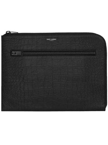 Zipper Detail Logo Crocodile Clutch Bag Black - SAINT LAURENT - BALAAN 1