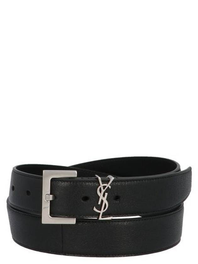 Silver Hardware Monogram Buckle Leather Belt Black - SAINT LAURENT - BALAAN 3