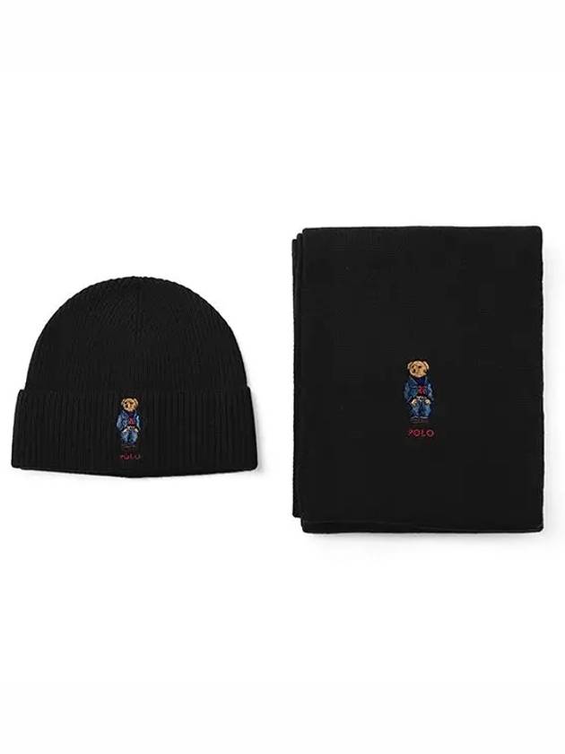 Embroidery Bear Wool Beanie Muffler Set Black - POLO RALPH LAUREN - BALAAN 6