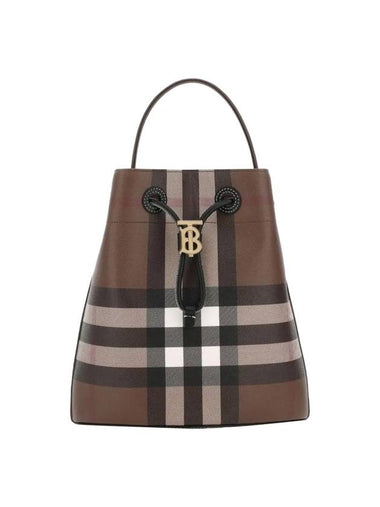 TB Logo Checked Leather Small Bucket Bag Dark Birch Brown - BURBERRY - BALAAN 1