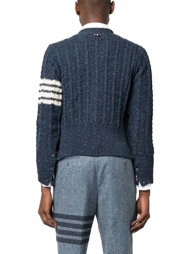 Donegal Twist Cable 4 Bar Classic V Neck Cardigan Blue - THOM BROWNE - BALAAN 4