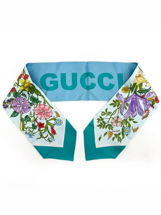 Floral Print Neck Ribbon Silk Scarf 700424 3G001 Blue - GUCCI - BALAAN 1