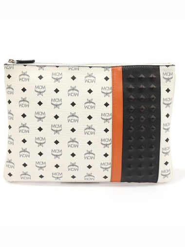 MXZ5SVU13WT001 White Visetos Canvas Leather Stud Pouch Clutch - ETC - BALAAN 1