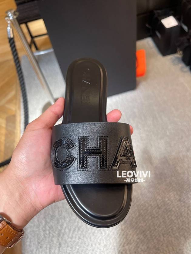 Stitched Lettering Logo Slippers Slide Sandals Black 36 G39988 - CHANEL - BALAAN 9