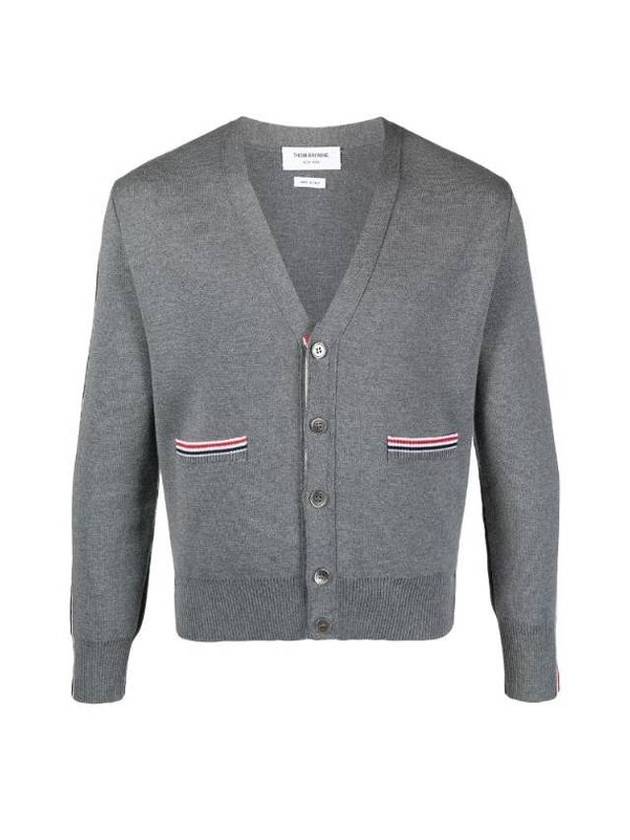 Men's Gray Milanese Stitch Merino Wool V-Neck Cardigan - THOM BROWNE - BALAAN.