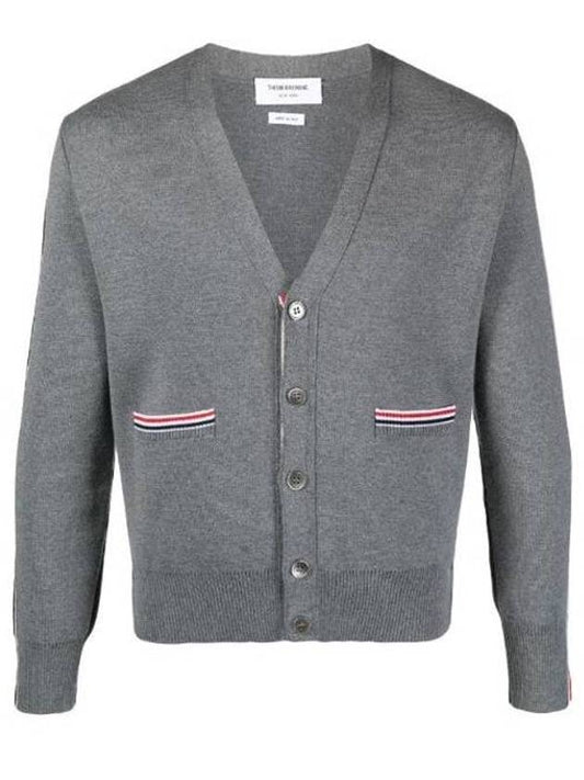 Men's Gray Milanese Stitch Merino Wool V-Neck Cardigan - THOM BROWNE - BALAAN.