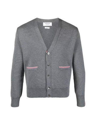 Men's Navy Side Intarsia Milano Stitch Wool Cardigan Grey - THOM BROWNE - BALAAN 1