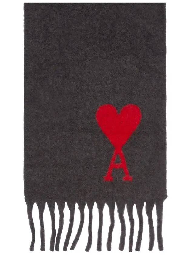 Heart Logo Oversized Wool Fringe Scarf Dark Grey - AMI - BALAAN 5