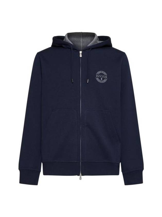 Logo Print Double Fleece Zip Up Hoodie Dark Blue - BRUNELLO CUCINELLI - BALAAN 1