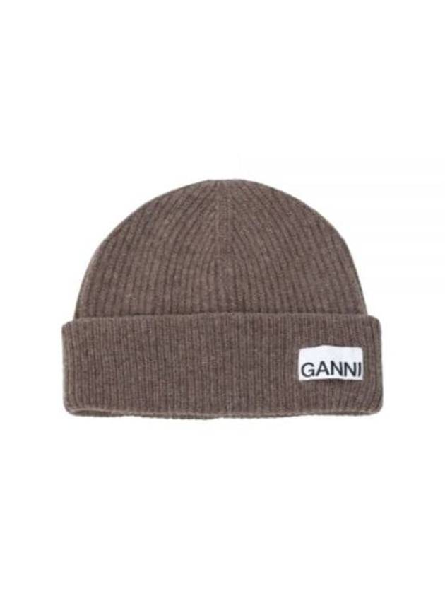 Logo Tag Ribbed Beanie Brown - GANNI - BALAAN 2