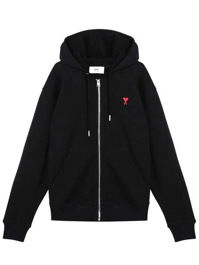 Heart Logo Drawstring Cotton Zip-Up Hoodie Black - AMI - BALAAN 2