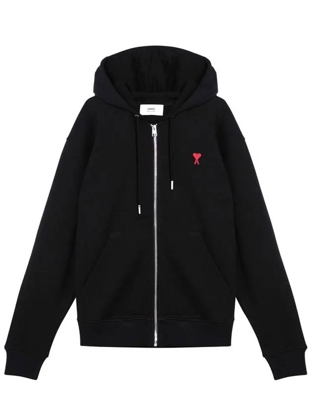 Heart Logo Drawstring Cotton Zip-Up Hoodie Black - AMI - BALAAN 3