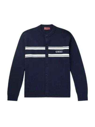 Striped Logo Crew Neck Wool Cashmere Cardigan Navy - GUCCI - BALAAN 2