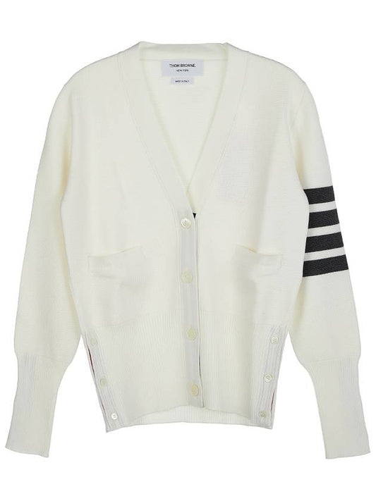 Milano Stitch 4 Bar Classic V Neck Fine Merino Wool Cardigan White - THOM BROWNE - BALAAN.