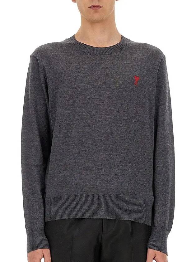 Heart Embroidered Logo Crew Neck Knit Top Heather Grey - AMI - BALAAN 3