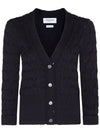 Merino Wool Crisscross Cable Stitch 3/4 Sleeve V-Neck Cardigan Navy - THOM BROWNE - BALAAN 2