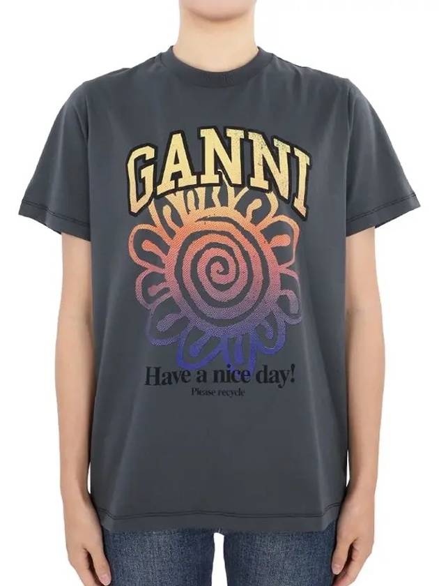 Relax Flower Organic Cotton Short Sleeve T-Shirt Grey - GANNI - BALAAN 3