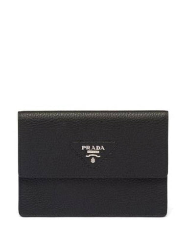 Saffiano Triangular Logo Stitch Card Wallet Black - PRADA - BALAAN 1