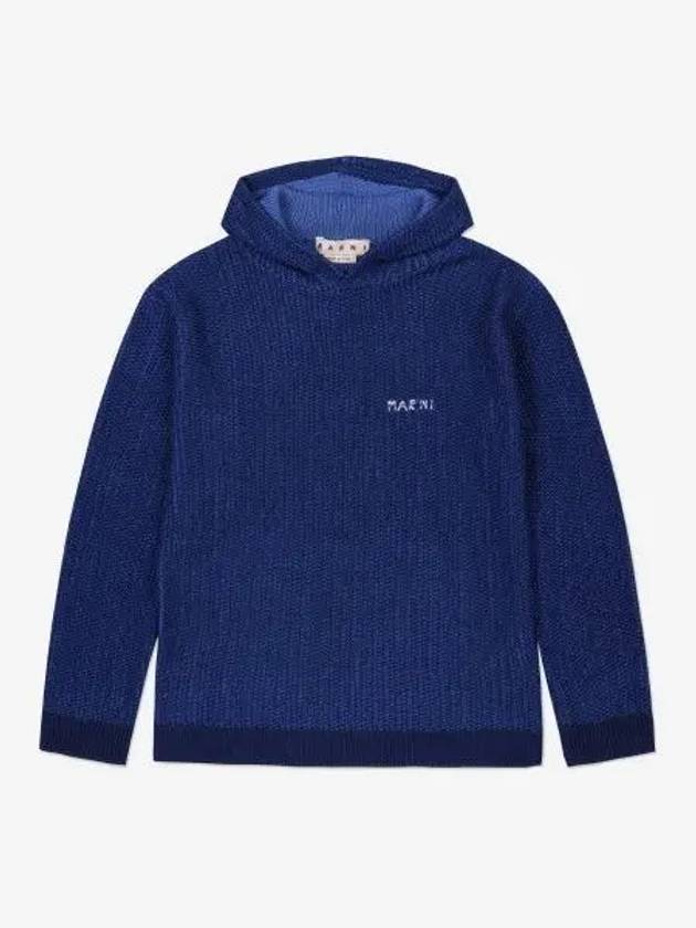 Distressed Logo Knit Cotton Hoodie Blue - MARNI - BALAAN 2