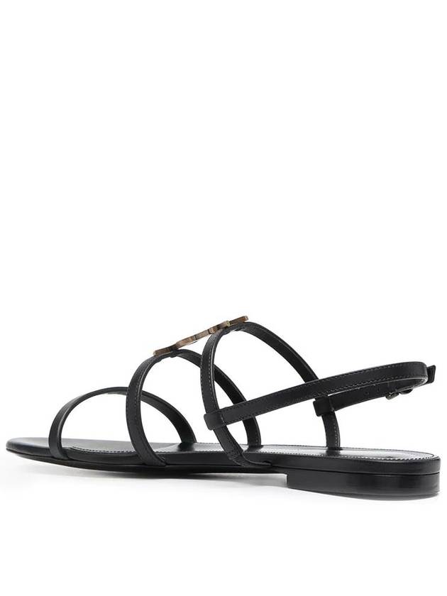 Women's Smooth Leather Gold Tone Monogram Detail Cassandra Flat Sandals Black - SAINT LAURENT - BALAAN 3