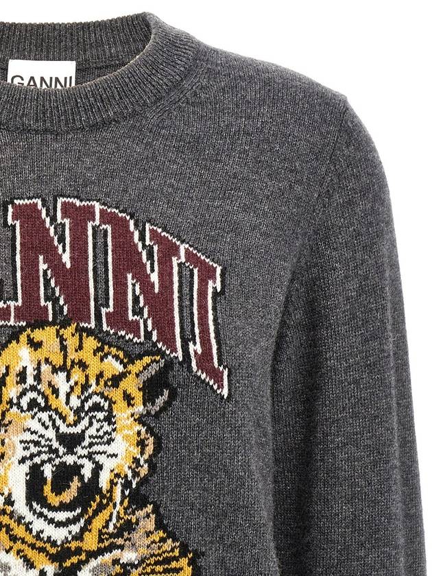 Graphic Wool Mix Tiger Crewneck Knit Top Grey - GANNI - BALAAN 4