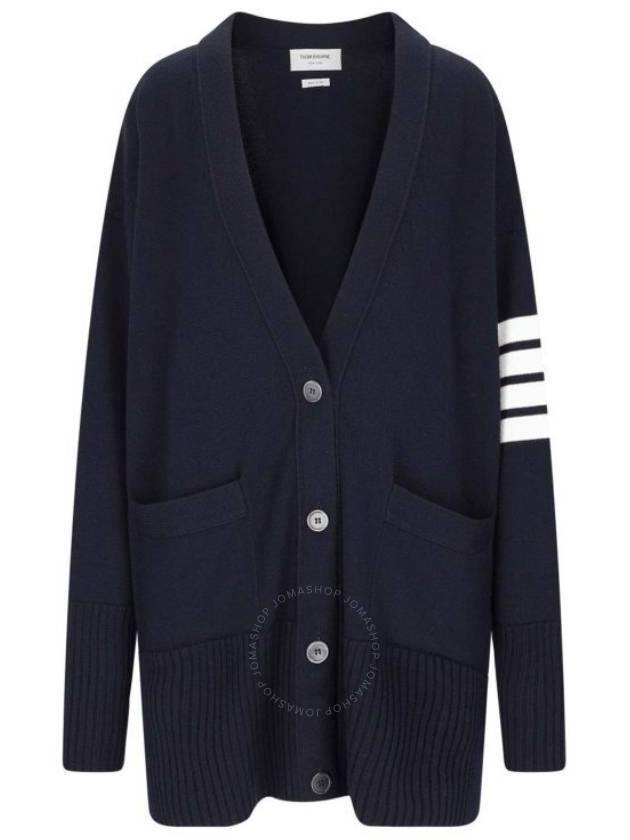 Fine Merino Wool 4-line Oversized Fit V-neck Cardigan Navy - THOM BROWNE - BALAAN 2