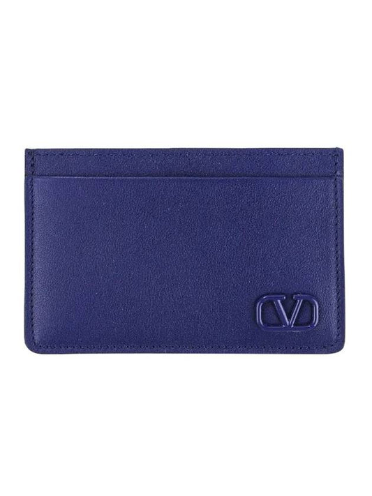 V Signature Logo Card Wallet Navy - VALENTINO - BALAAN 1