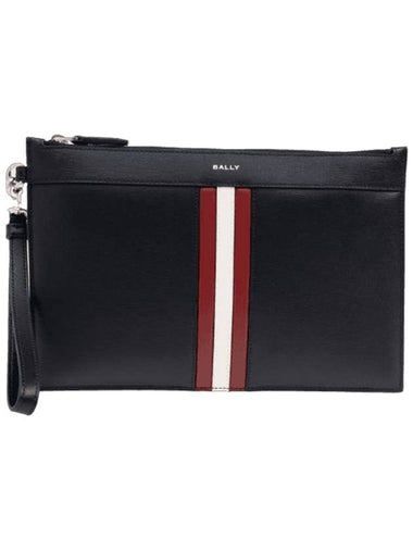 Logo Print Stripe Zipper Clutch Bag Black - BALLY - BALAAN 1